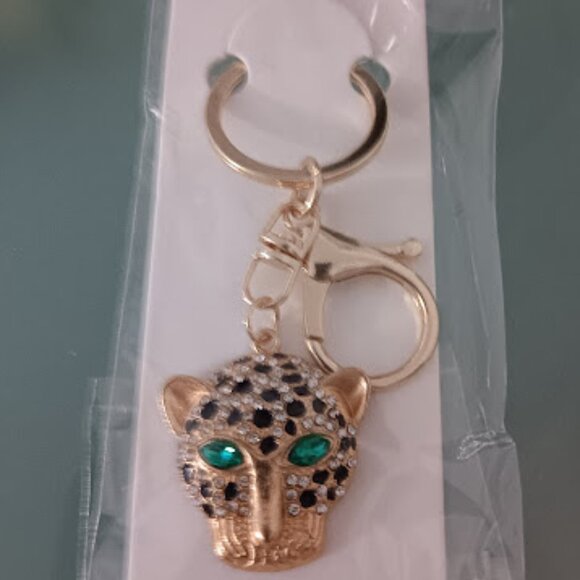 MINT Cheetah Gold Black Enamel Green & Clear Crystals Purse Charm Key Chain**NEW - Picture 3 of 7